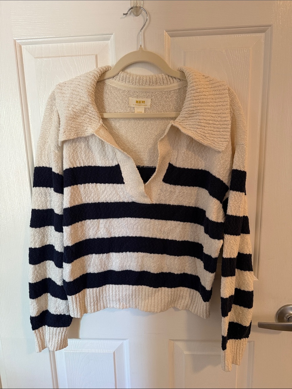 Maeve by Anthropologie Cream & Navy Striped Collared Sweater